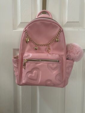Pink Heart Charm Mini Backpack with Gold Accents